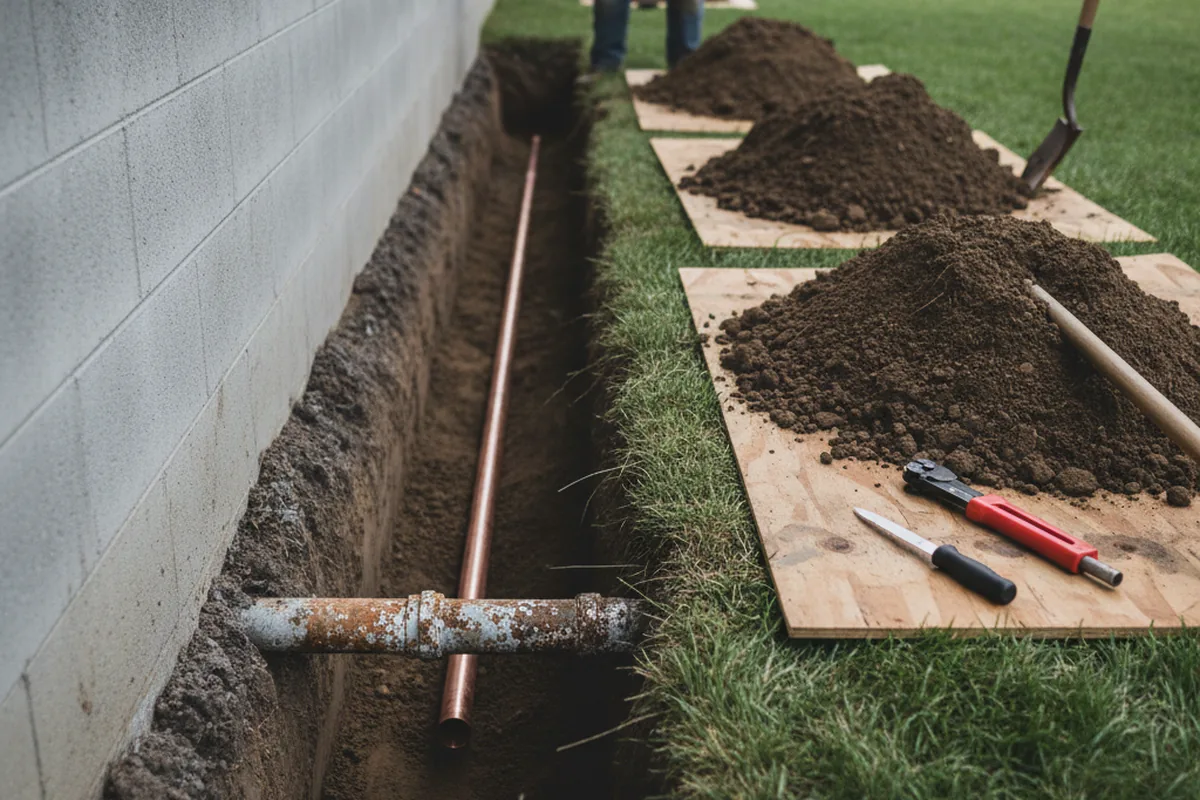 Excavated water line trench during Water Heater Repair in Mercer Island